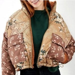 Reversible Aerie Oversized Puffer Sherpa Floral Brown Jacket